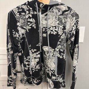 Albion Fit Antigua Black & Gray Floral Print Hooded Zip Up Jacket Size M Medium